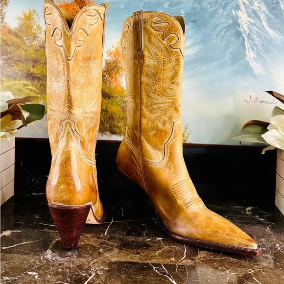 💋 Lucchese Vintage Style Charlie 1 Horse 9 Tan Western Heel Boots RARE New 💋