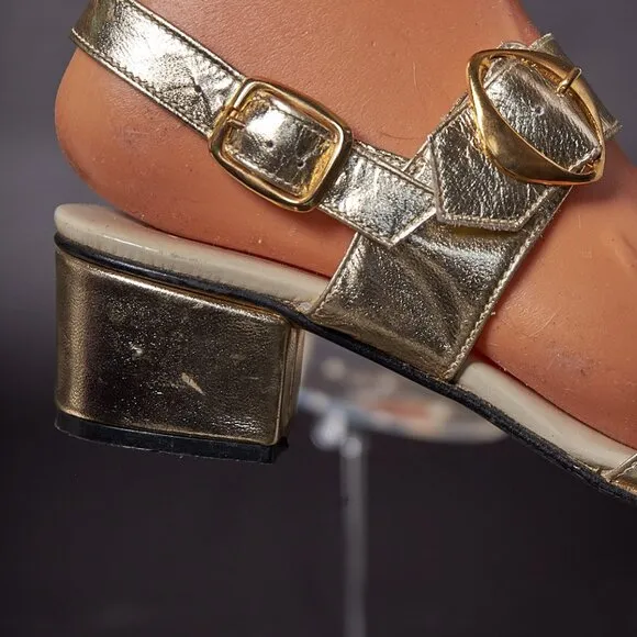 1970s Gold Strapy Sandals Heels Shoes