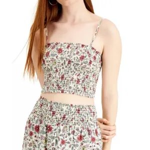2 Piece Set Smocked Ivory Red Floral Midi Skirt &amp; Cropped Adjustable Top NWT S