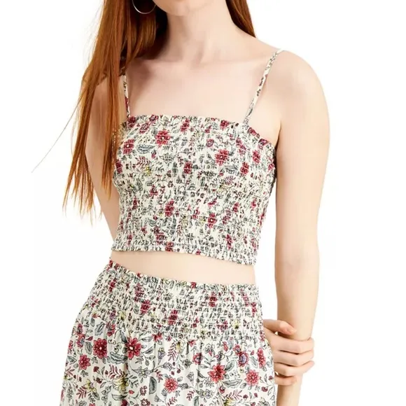 2 Piece Set Smocked Ivory Red Floral Midi Skirt &amp; Cropped Adjustable Top NWT S