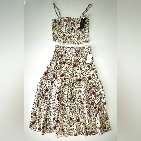 2 Piece Set Smocked Ivory Red Floral Midi Skirt &amp; Cropped Adjustable Top NWT S