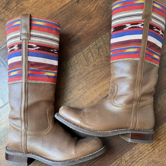 2568 Bohemian Western Cowboy Tribal Aztec Leather tall Boots multicolor Size 7