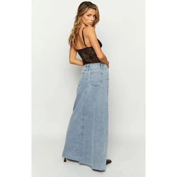 #27 #27b NWT- Cotton:On Front Split Cowboy Denim Maxi Skirt Light Wash Sz:6