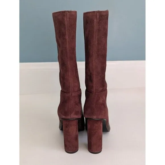 42 Gold Heeled Suede And Leather Snakeskin Print Mid Calf Boho Size 6.5 Burgundy