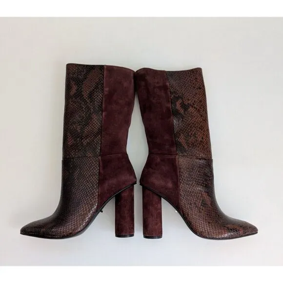 42 Gold Heeled Suede And Leather Snakeskin Print Mid Calf Boho Size 6.5 Burgundy