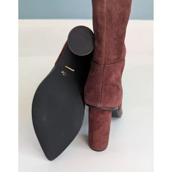42 Gold Heeled Suede And Leather Snakeskin Print Mid Calf Boho Size 6.5 Burgundy
