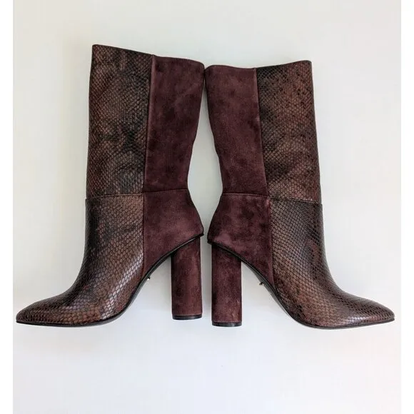 42 Gold Heeled Suede And Leather Snakeskin Print Mid Calf Boho Size 6.5 Burgundy