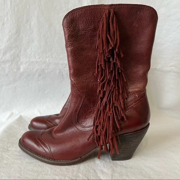 5/48 Dallas Fringe Burgundy Western Leather Boots Boho