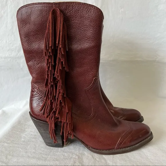 5/48 Dallas Fringe Burgundy Western Leather Boots Boho