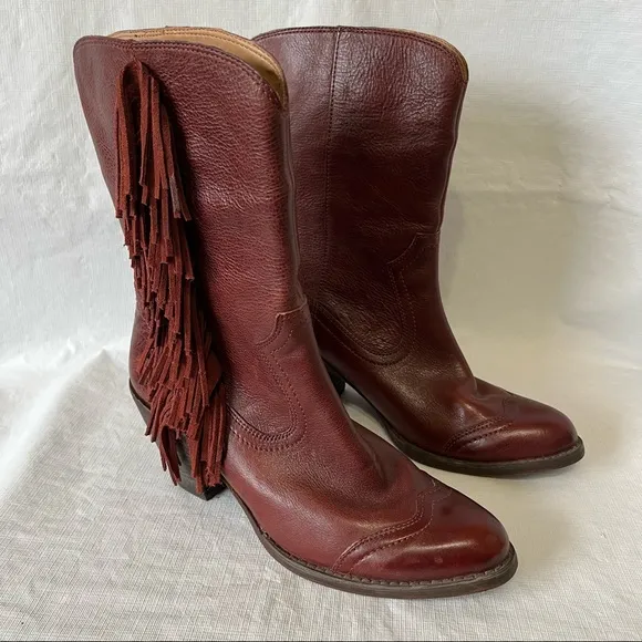 5/48 Dallas Fringe Burgundy Western Leather Boots Boho