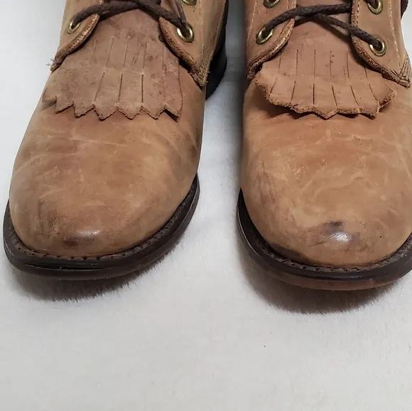 70s Vintage Tan Leather Lace-up Round Toe Low Heel Ankle Kiltie Boots Booties 9