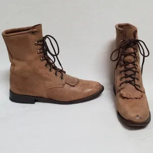 70s Vintage Tan Leather Lace-up Round Toe Low Heel Ankle Kiltie Boots Booties 9