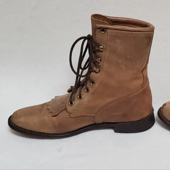 70s Vintage Tan Leather Lace-up Round Toe Low Heel Ankle Kiltie Boots Booties 9