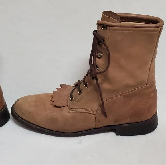 70s Vintage Tan Leather Lace-up Round Toe Low Heel Ankle Kiltie Boots Booties 9