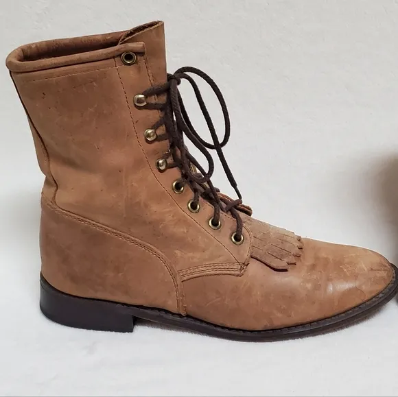 70s Vintage Tan Leather Lace-up Round Toe Low Heel Ankle Kiltie Boots Booties 9