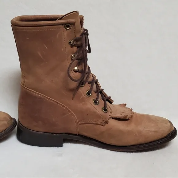 70s Vintage Tan Leather Lace-up Round Toe Low Heel Ankle Kiltie Boots Booties 9