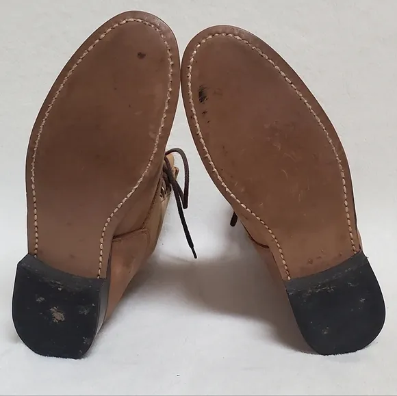 70s Vintage Tan Leather Lace-up Round Toe Low Heel Ankle Kiltie Boots Booties 9