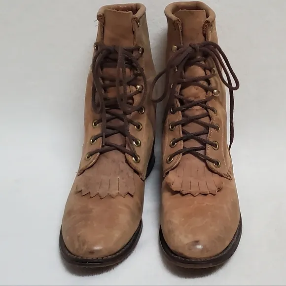 70s Vintage Tan Leather Lace-up Round Toe Low Heel Ankle Kiltie Boots Booties 9