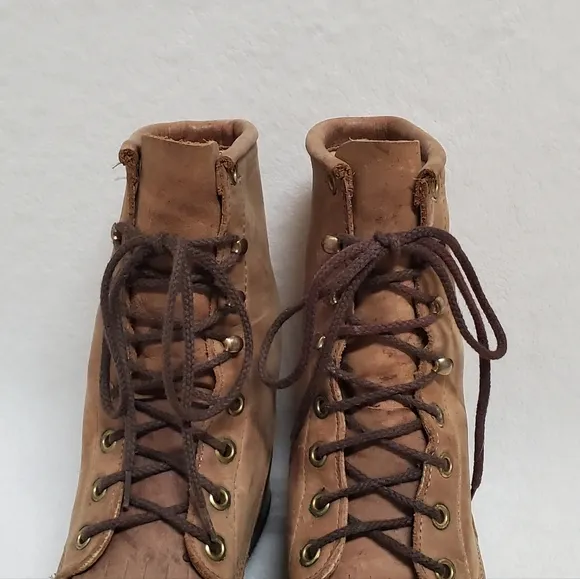 70s Vintage Tan Leather Lace-up Round Toe Low Heel Ankle Kiltie Boots Booties 9