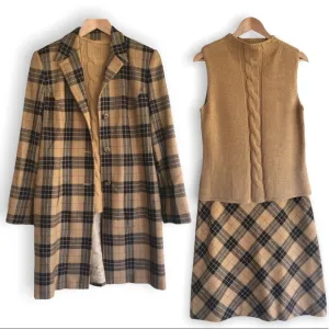 90s Y2K VINTAGE | CASLON 3PC Brown &amp; Mustard Plaid Wool-blend Suit