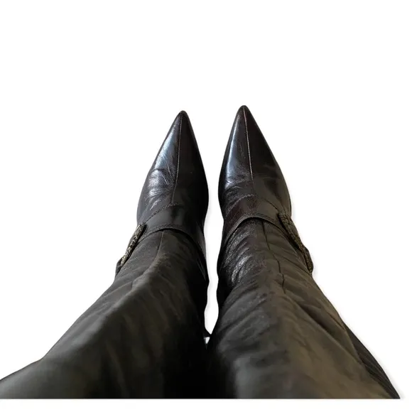 90s Y2K vintage Nine West Brown Patent Leather Buckle Boots Pointed skinny heel