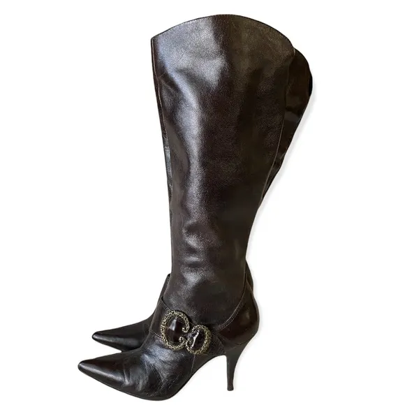 90s Y2K vintage Nine West Brown Patent Leather Buckle Boots Pointed skinny heel