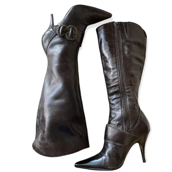 90s Y2K vintage Nine West Brown Patent Leather Buckle Boots Pointed skinny heel