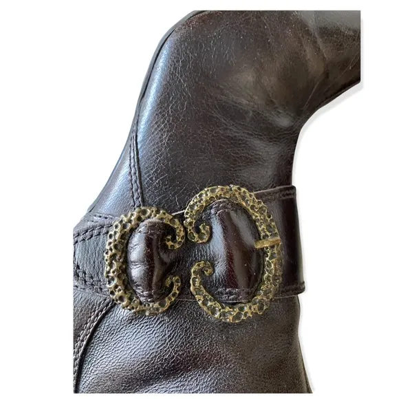 90s Y2K vintage Nine West Brown Patent Leather Buckle Boots Pointed skinny heel
