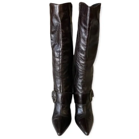 90s Y2K vintage Nine West Brown Patent Leather Buckle Boots Pointed skinny heel