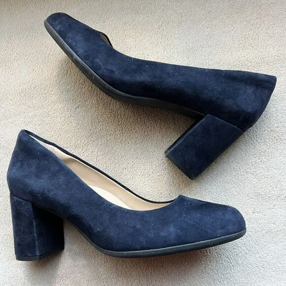 ABEO Tempo Navy Blue Suede Block Heel Classic Pumps Minimalist Women’s 9