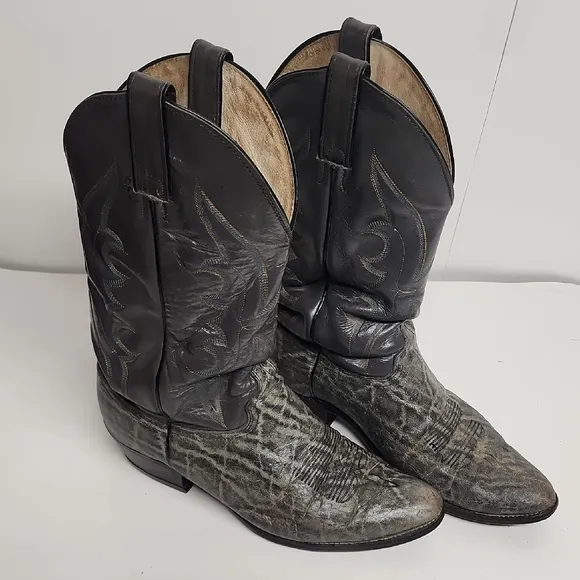 Abilene Vintage 10.5D Mens dark gray, blue&amp;orange stitching leather cowboy boots