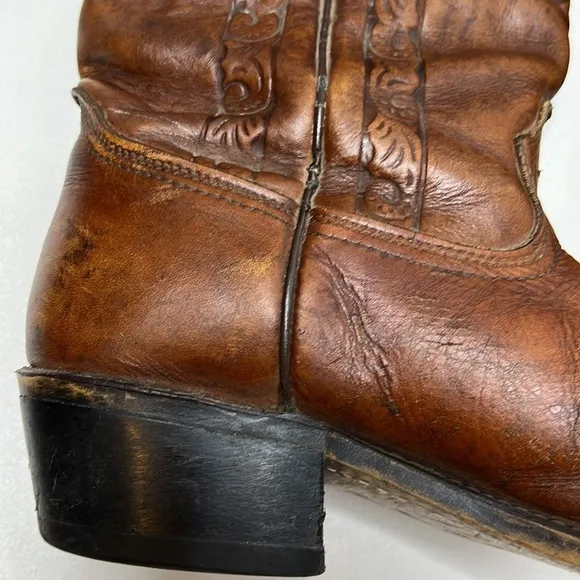Acme vintage brown tooled leather cowboy western boots