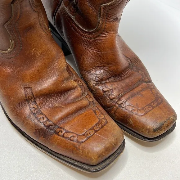 Acme vintage brown tooled leather cowboy western boots