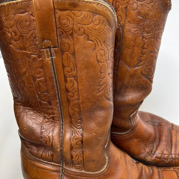 Acme vintage brown tooled leather cowboy western boots