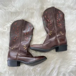 Acme | Vintage Womens Inlay Colorful Cowgirl Western Brown Leather Pull-On Boots