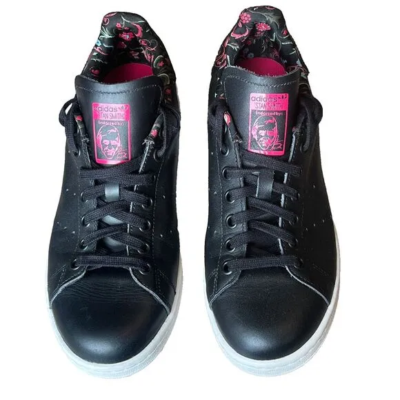 Adidas Stan Smith Black Floral Cuff Fashion Tennis Shoes Womens 7.5‎ UK 6 EU 39