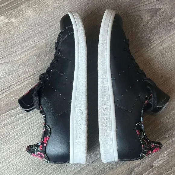 Adidas Stan Smith Black Floral Cuff Fashion Tennis Shoes Womens 7.5‎ UK 6 EU 39