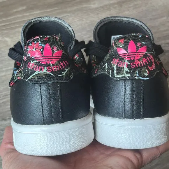 Adidas Stan Smith Black Floral Cuff Fashion Tennis Shoes Womens 7.5‎ UK 6 EU 39