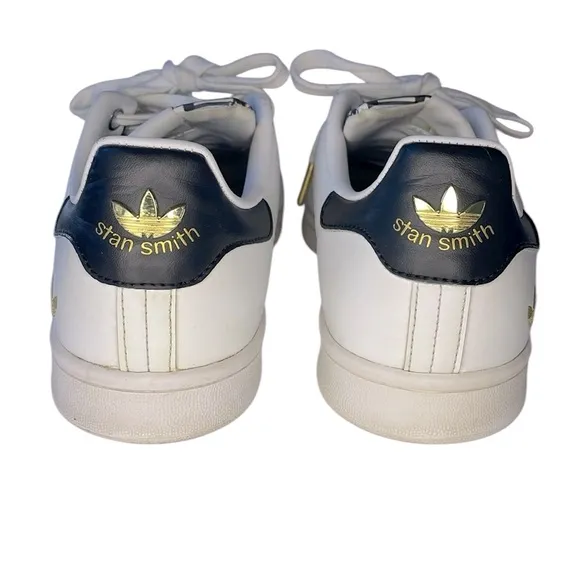 Adidas Stan Smith Trefoil‎ men’s Size 8 white &amp; black &amp; gold sneakers.