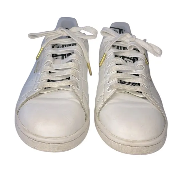 Adidas Stan Smith Trefoil‎ men’s Size 8 white &amp; black &amp; gold sneakers.