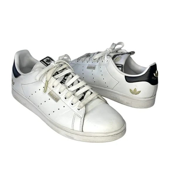 Adidas Stan Smith Trefoil‎ men’s Size 8 white &amp; black &amp; gold sneakers.