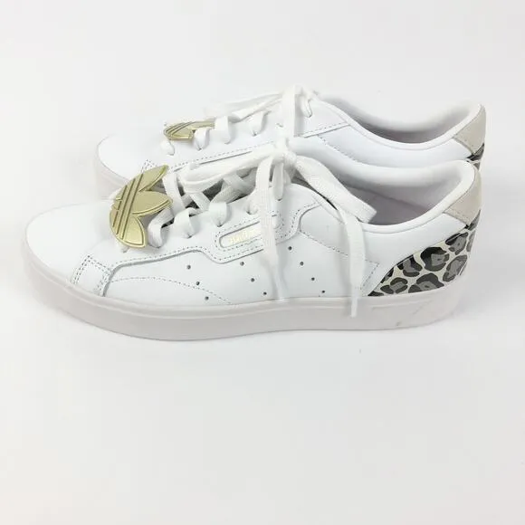 Adidas Womens Sleek Sneakers Size 7 White Leopard Leather Gold Trefoil Low NWOB