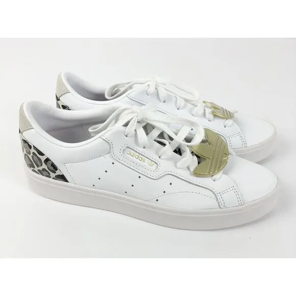 Adidas Womens Sleek Sneakers Size 7 White Leopard Leather Gold Trefoil Low NWOB