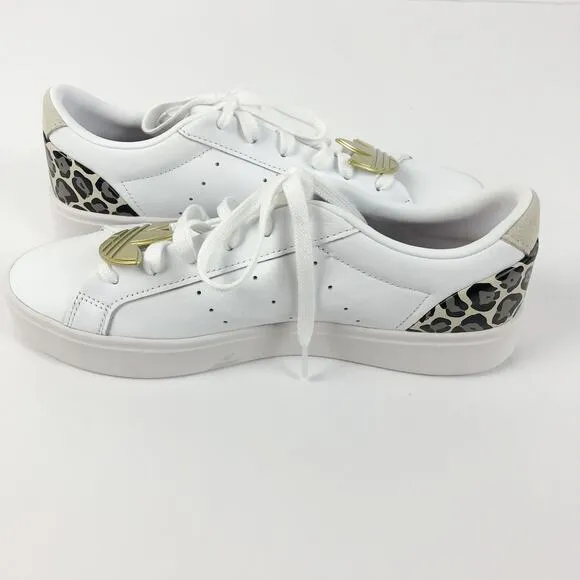 Adidas Womens Sleek Sneakers Size 7 White Leopard Leather Gold Trefoil Low NWOB