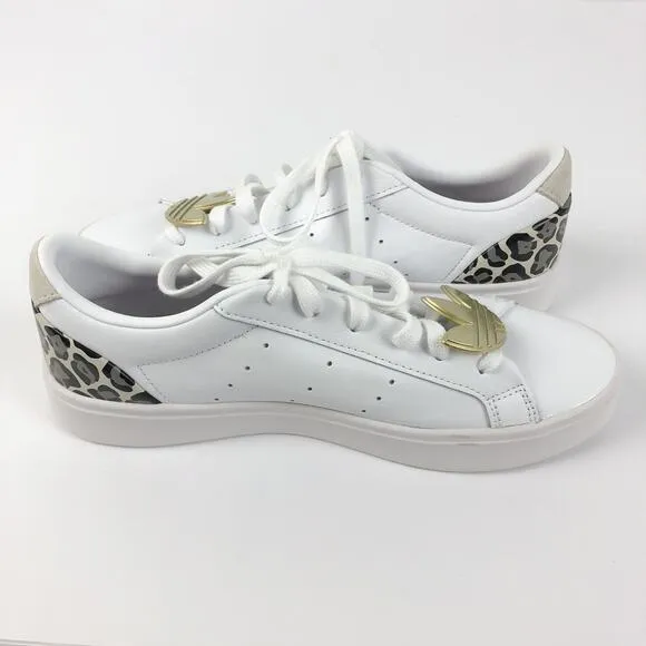 Adidas Womens Sleek Sneakers Size 7 White Leopard Leather Gold Trefoil Low NWOB