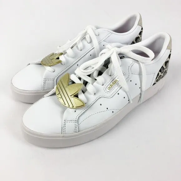 Adidas Womens Sleek Sneakers Size 7 White Leopard Leather Gold Trefoil Low NWOB