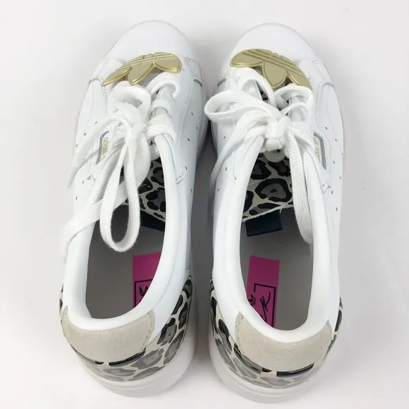 Adidas Womens Sleek Sneakers Size 7 White Leopard Leather Gold Trefoil Low NWOB