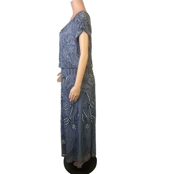 Adrianna Papell  Beaded‎ Blouson Dress in Dusty Blue, 14W, Mother of the Bride