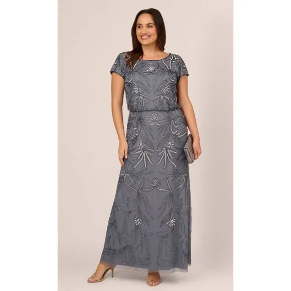 Adrianna Papell  Beaded‎ Blouson Dress in Dusty Blue, 14W, Mother of the Bride