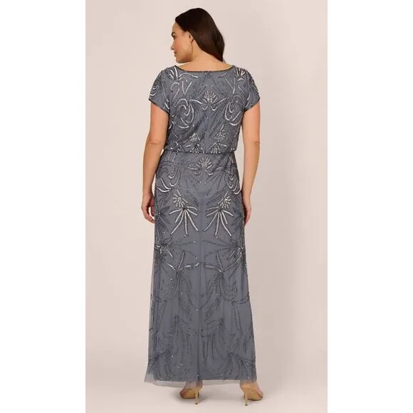 Adrianna Papell  Beaded‎ Blouson Dress in Dusty Blue, 14W, Mother of the Bride